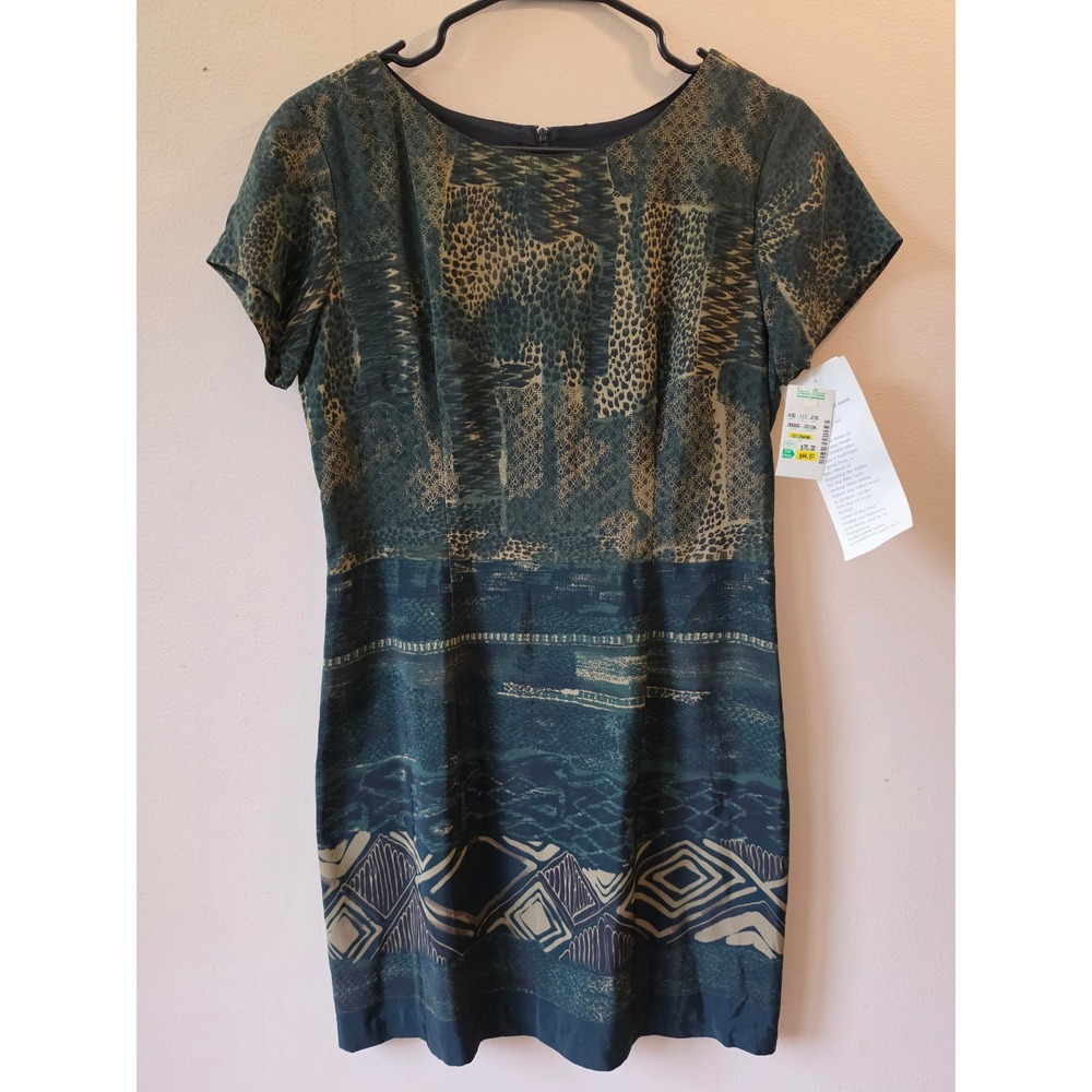 VTG Rabbit Rabbit Rabbit Petite Mixed Animal Print Sheath Dress Green Tan 8P NWT